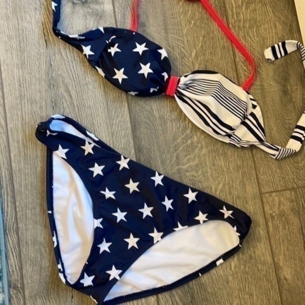 Old Navy swim flag swimsuit 4th of July Med bottoms XS top